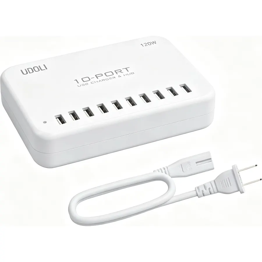 10-Port USB Charging Station, 120W Desktop Multi-Device Charger Hub, White