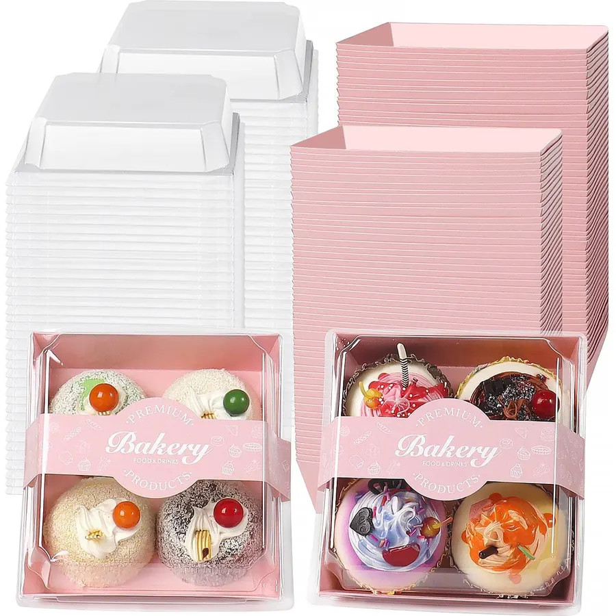 100 Pack Charcuterie Boxes with Clear Secure Lids and 100 PCS Stickers, 5.3x4.9x2.5 Inches Pink Square Disposable Food Containers Cookies Boxes for Sandwich, Pastry, Dessert