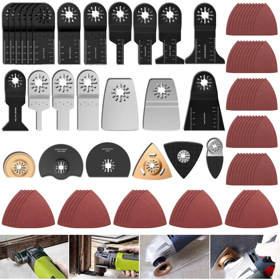 100 Pieces Oscillating Saw Blades, Multi Tool Blades Kits with Sandpaper for Wood, Metal Cutting, Quick Release Tool Blades Kits Fit for Multimaster Rockwell Fein Bosch Task Ryobi