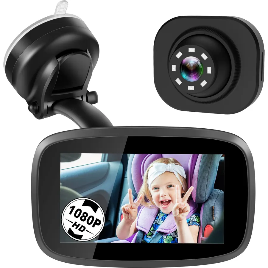 Wireless Car Camera for Baby with 360° Rotating 4.3'' 1080P Video Monitor