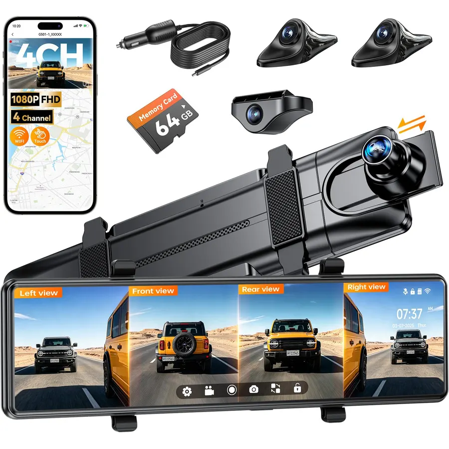 12"4 Channel Mirror Dash Cam, 360° Rear View Mirror Camer, car camera