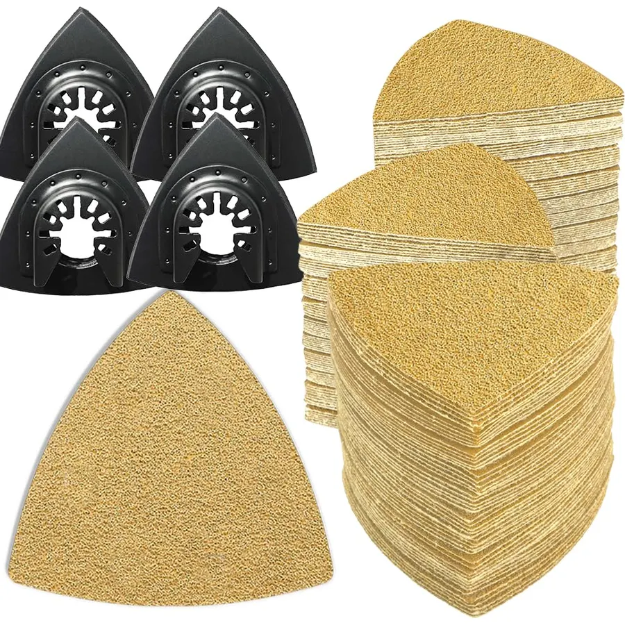 124PCS Multitool Sanding Pads for Oscillating Tool Sanding Attachments, Contains Triangle Sandpaper in a Variety of Grits, Detail Sanders for Woodworking, Metal and Other Surfaces