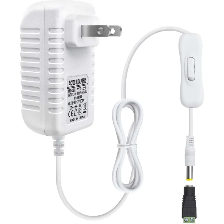 12V Power Supply, 12 Volt 2A 24W DC Power Supply with On Off Switch, White Switching LED Power Adapter, AC 110V to 12V Wall Wart Transformer Plug for LED Strip Lights with 5.5/2.1 DC Female Connector