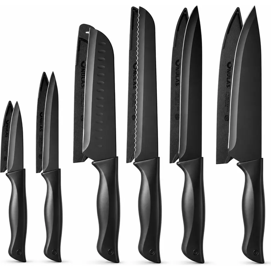 13 Pieces Kitchen Knife Set with Blade Guards & Self-sharpening, Stainless Steel Non-stick Knives for Cooking and Cutting, Black
