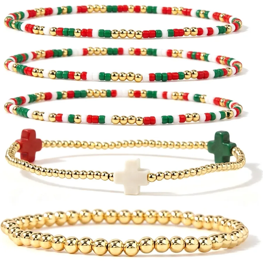 14K Gold Plated Beaded Bracelets Stack Set for Women,Stretch Boho Ball Jewelry Friendship Trendy