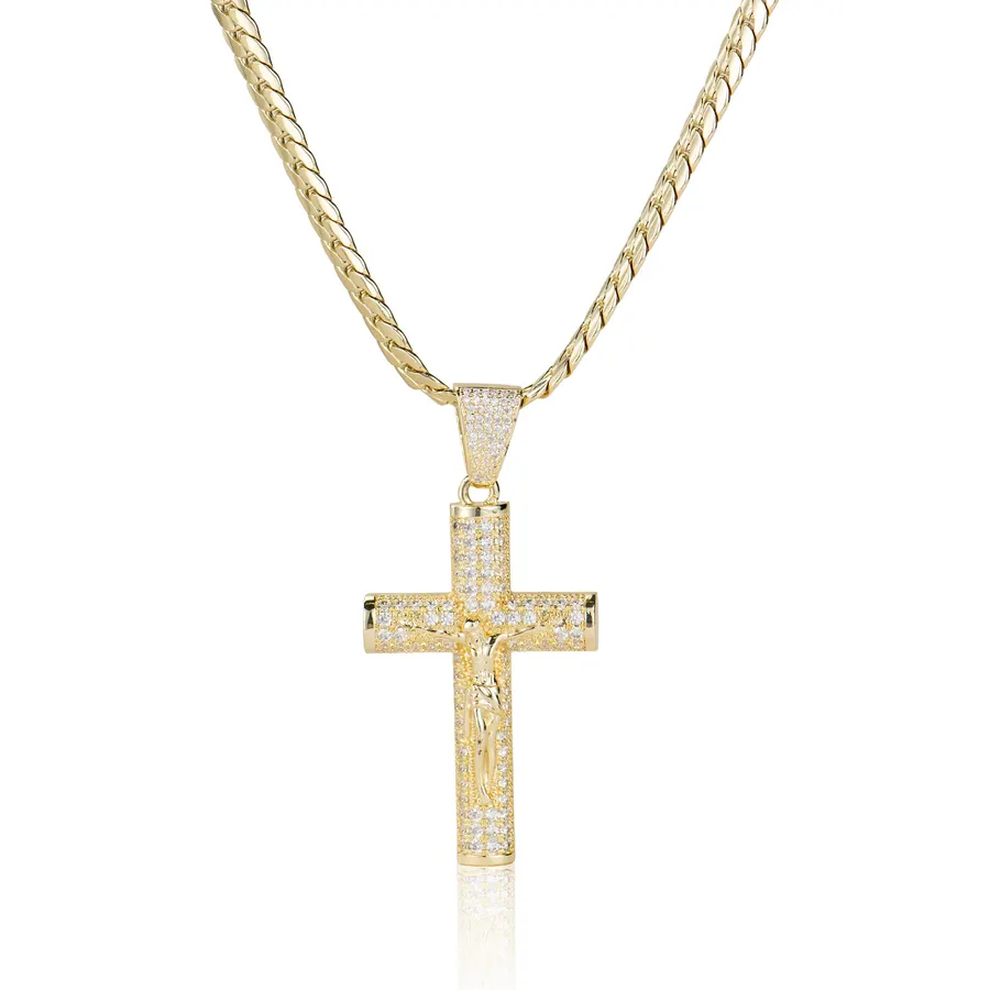 14K Gold-Plated Miami Chain Cross Necklace for Men with Luxury Gift Box, Jesus Christ Crucifix Pendant, Christian Religious Jewelry, 24 Inch, 6mm
