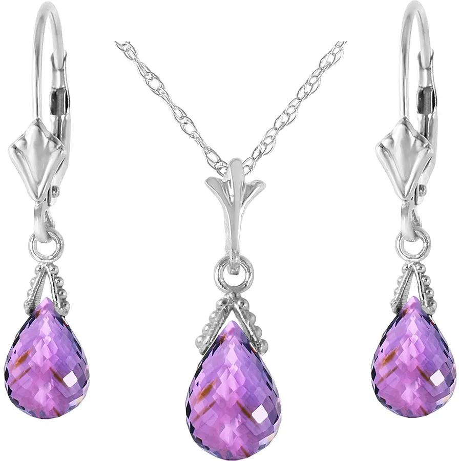 14k Solid Gold Jewelry Set: Natural Briolette Purple Amethyst Pendant Necklace Dangle Earrings