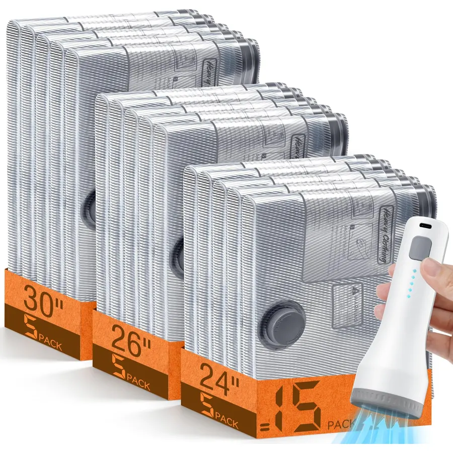 15 Pack Vacuum Storage Bags for Travel with Cordless Pump, Space Saver Bags for Clothes, Compression Packing Bags for Luggage, 15 Combo Size