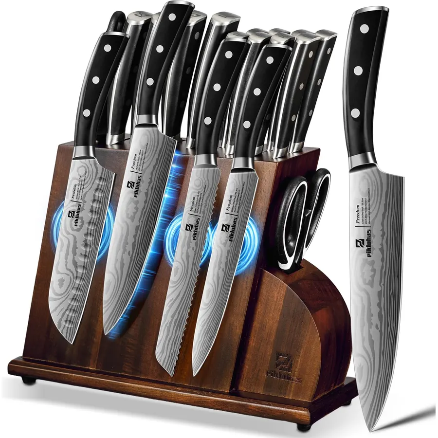 Amazon Basics 9-Piece High-Carbon Stainless Steel Kitchen Knife Set with Ergonomic Handles, Full Tang Construction, Pine Wood Block, Black