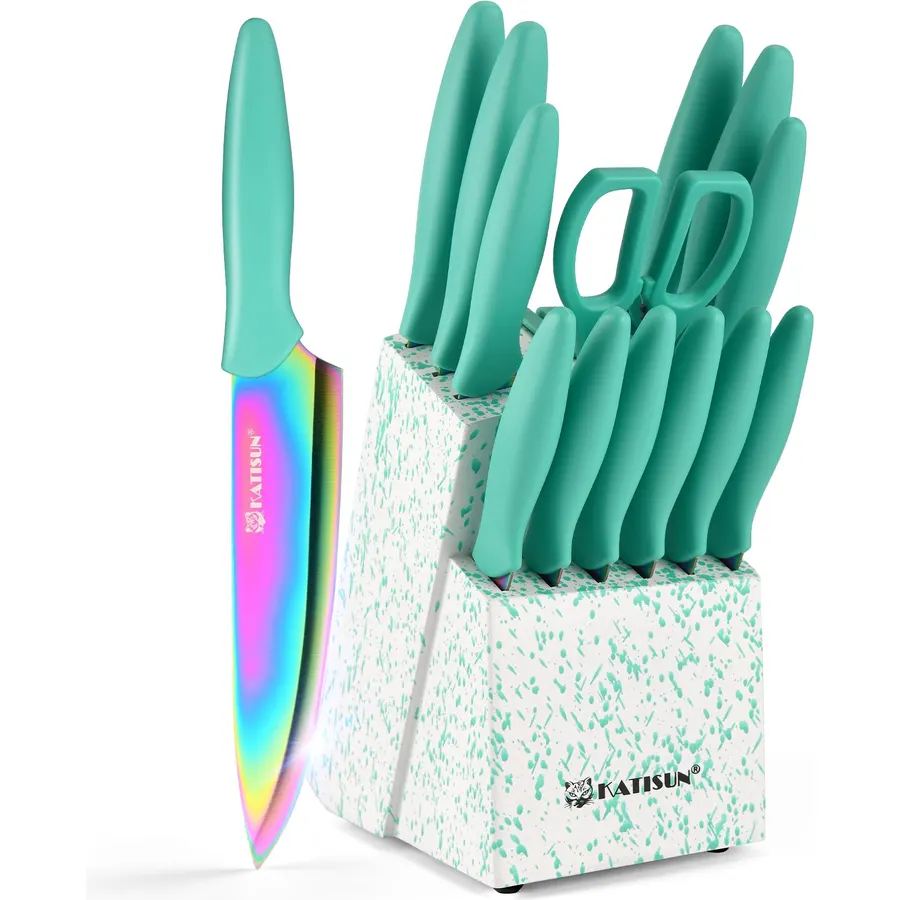 15-Piece Rainbow Titanium Stainless Steel Knife Set with Block
