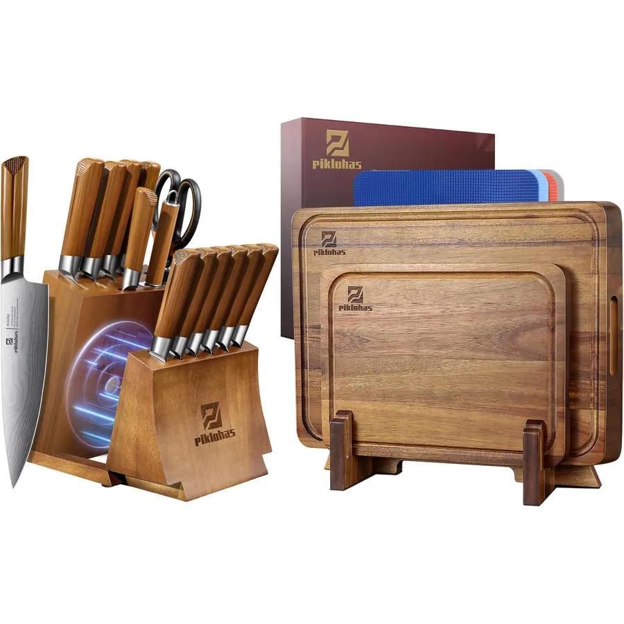 15 Pieces Kitchen Knife Set with Block+Bamboo Cutting Boards Large Set of 4 for Kitchen