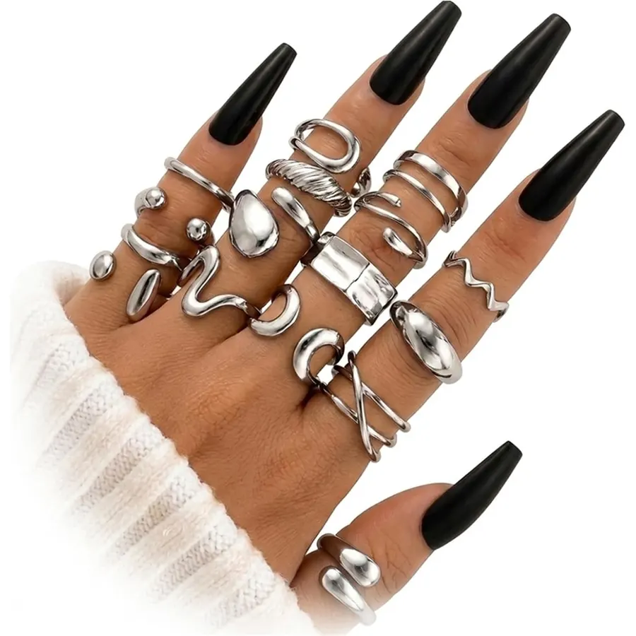 16 PCS Silver Chunky Rings Set for Women, 14k Silver Plated Thick Dome Stackable Open Rings Trendy Dainty Minimalist Jewelry Gifts