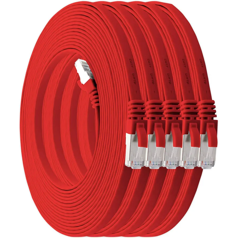 1aTTack.de 2m - red - 5 Pieces CAT.7 Ethernet Gigabit LAN Cable (HIGH Speed Flat Networkcable) 600 MHz, 10000 Mbit/s, Slim, patchkabel (compatibel with CAT5 CAT5e CAT6 CAT6a Cat8) Ribbon