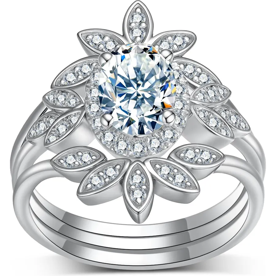 2.0 Carat(ctw) Oval-Cut Moissanite Engagement Rings Sets for Women,10K 14K 18K Real Gold leaf Wedding Rings Sets,Bridal Ring with Free Engraving| 3 Pieces