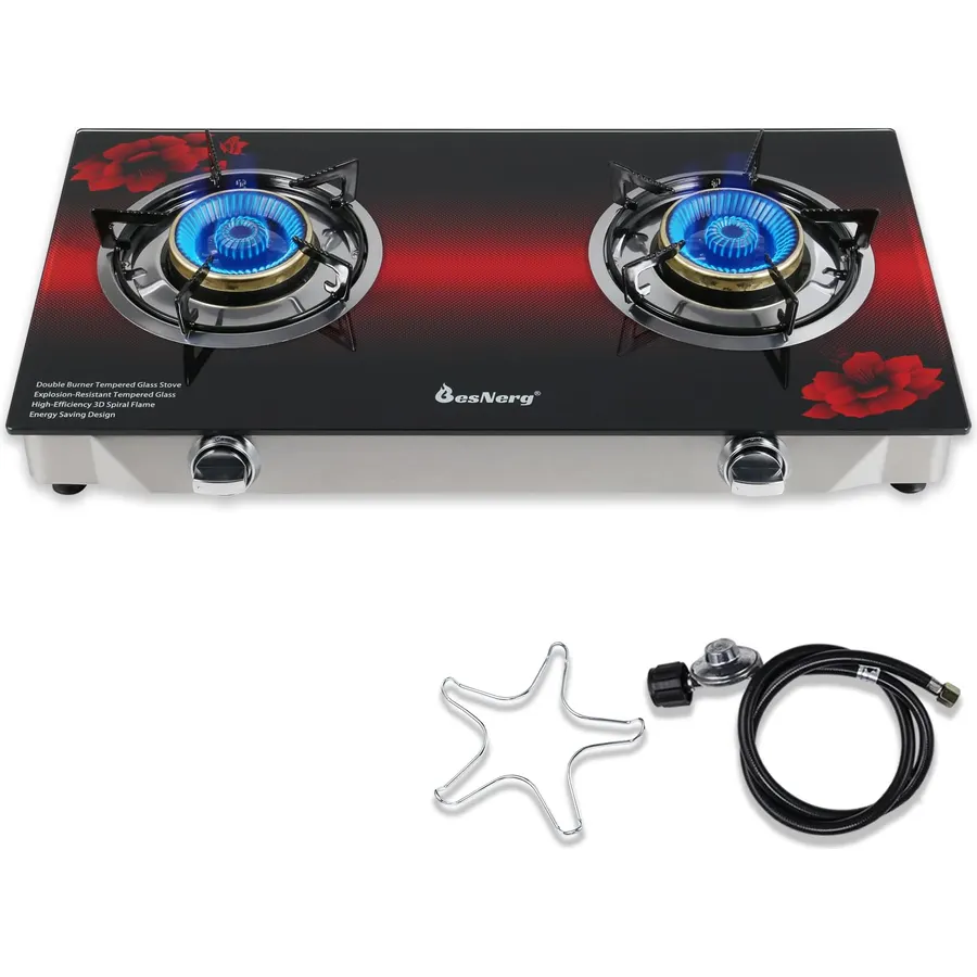 2 Burner Propane Gas Stove with Auto Ignition, 29000 BTU High-Efficiency Heavy-Duty Tempered Glass Cooktop, CSA Regulator & Hose Included, for Outdoor Camping Emergency