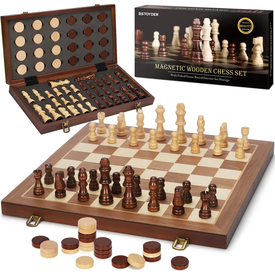 2 in 1 Magnetic Wooden Chess and Checkers Board Game Set, 15" Folding Chess Boards with 2 Extra Queens, Portable Travel Chess Sets with Pieces Storage Slots, Beginner Chess Game Set for Kids, Adults