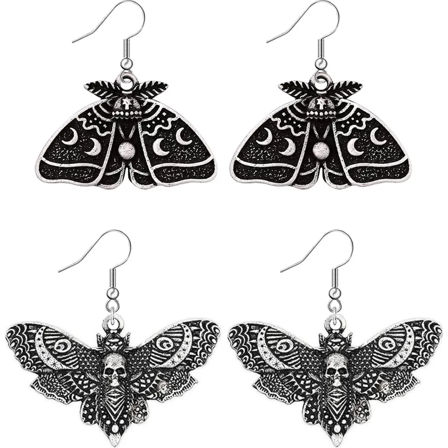 2 Pairs Goth Butterfly Dangle Earrings Luna Moth Earrings Crescent Moon Star Drop Earrings Punk Skull Pendant Earrings for Women - Silver