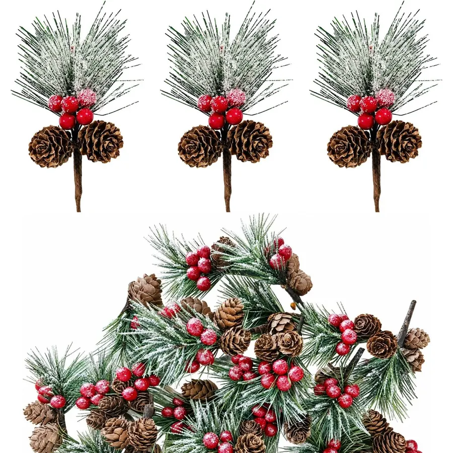 20 Pcs Snowy Christmas Pine Picks, Needles Branches Berries Pine Cones