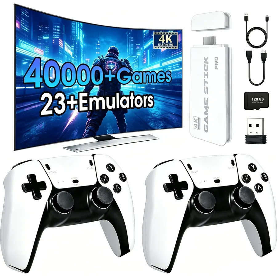 2026 New Retro Gaming Console Stick, 40,000+ Classic Games Built-in, 23 Emulators, 4K HD HDMI Plug & Play TV Game Console with Dual Wireless Controllers (Black)