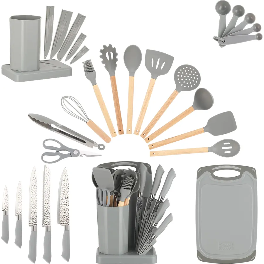 23-Piece Kitchen Utensils Set with Removable Knife Block, Gray