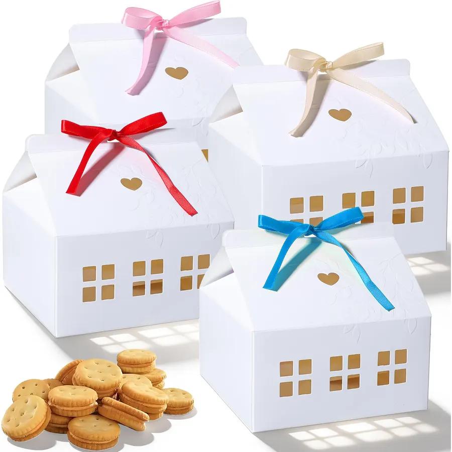 24 Pcs Classic House Shaped Gift Boxes with Neutral Ribbons, House Shaped Paper Bakery Packaging Candy Box for Treats, Desserts, Fancy Cookie, White Gable Bakery Packaging