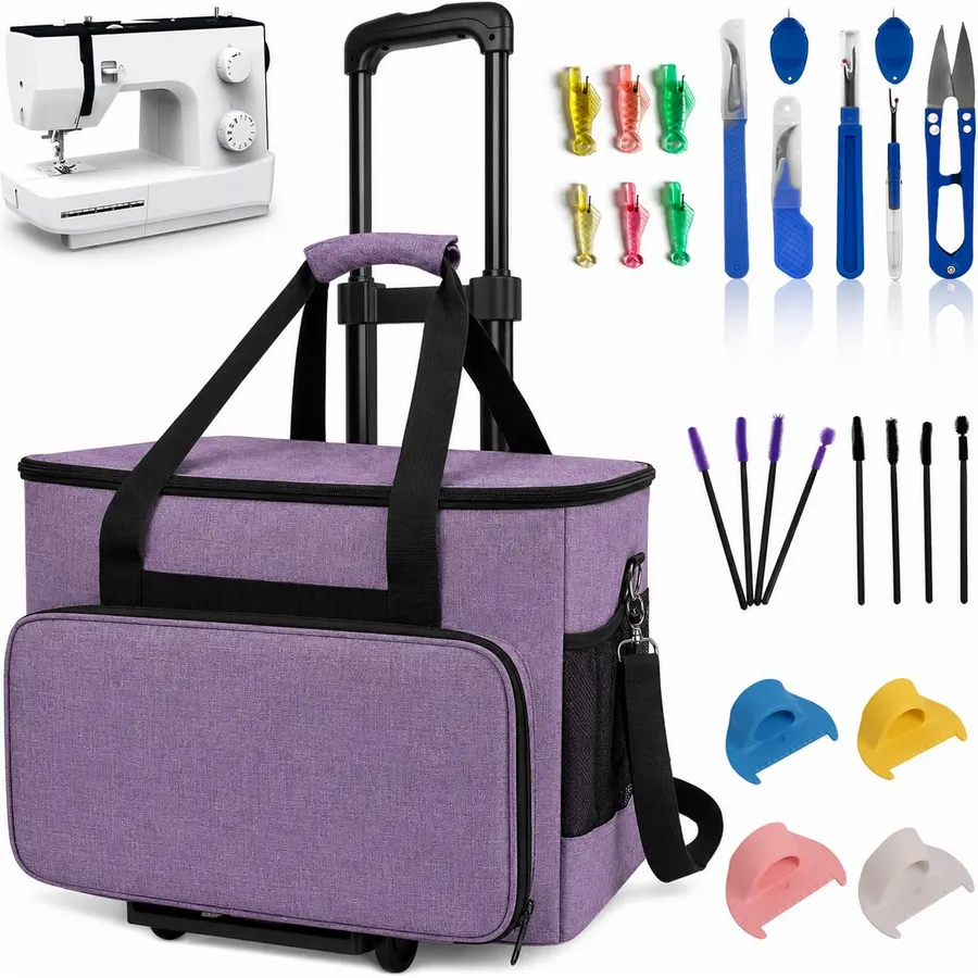 26 PCS Sewing Machine Case with Wheels Set, Includes Portable Sewing Machine Bag, Suture Remover Kit, Threaders, Cleaning Brushes & Multifunctional Sewing Tool, Fits Standard-Size Sewing Machines.