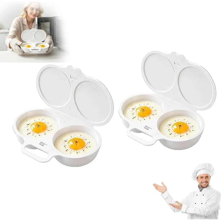 2pcs Dual Cavity Microwave Egg Poacher, White Egg Poacher, Microwave Poacher for 2 eggs, Food-Grade PP Material Microwave Egg Cooker, Portable Breakfast Maker with Lid and Easy-Grip Handle