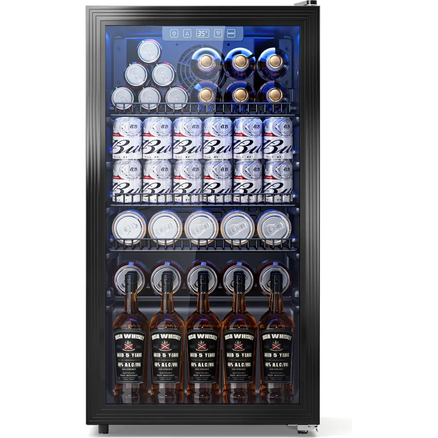 3.2 Cuft Beverage Fridge, 128 Can Mini Fridge, Glass Door, 35–65°F, Black