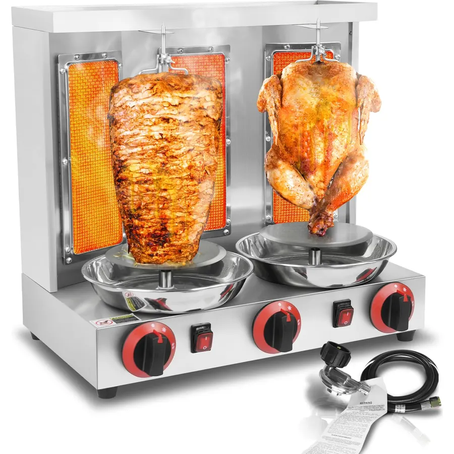 3 Burners Shawarma Grill Machine Gas Vertical Rotisserie Chicken Machine, 30 lbs Capacity Countertop Rotating Broiler Gyro Meat, 110V