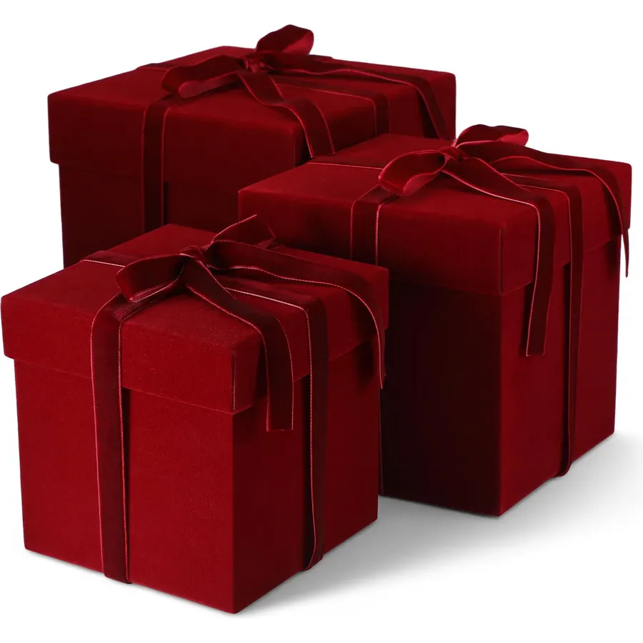 3 Pcs Burgundy Red Velvet Christmas Gift Box with Lid