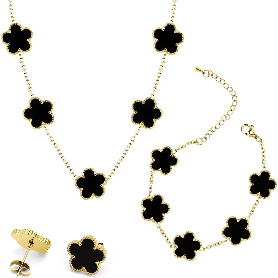 3 PCS Lucky Clover Necklace Set, 18K-Gold Plated Trendy Lucky Clover Bracelet, Necklace, Earrings Jewelry Set,Gifts for Mom, Wife, Daughter，Friends