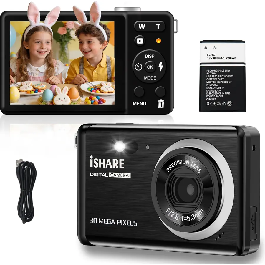 30MP Point and Shoot Camera, 1080P Digital Camera, 18X Zoom for Kids