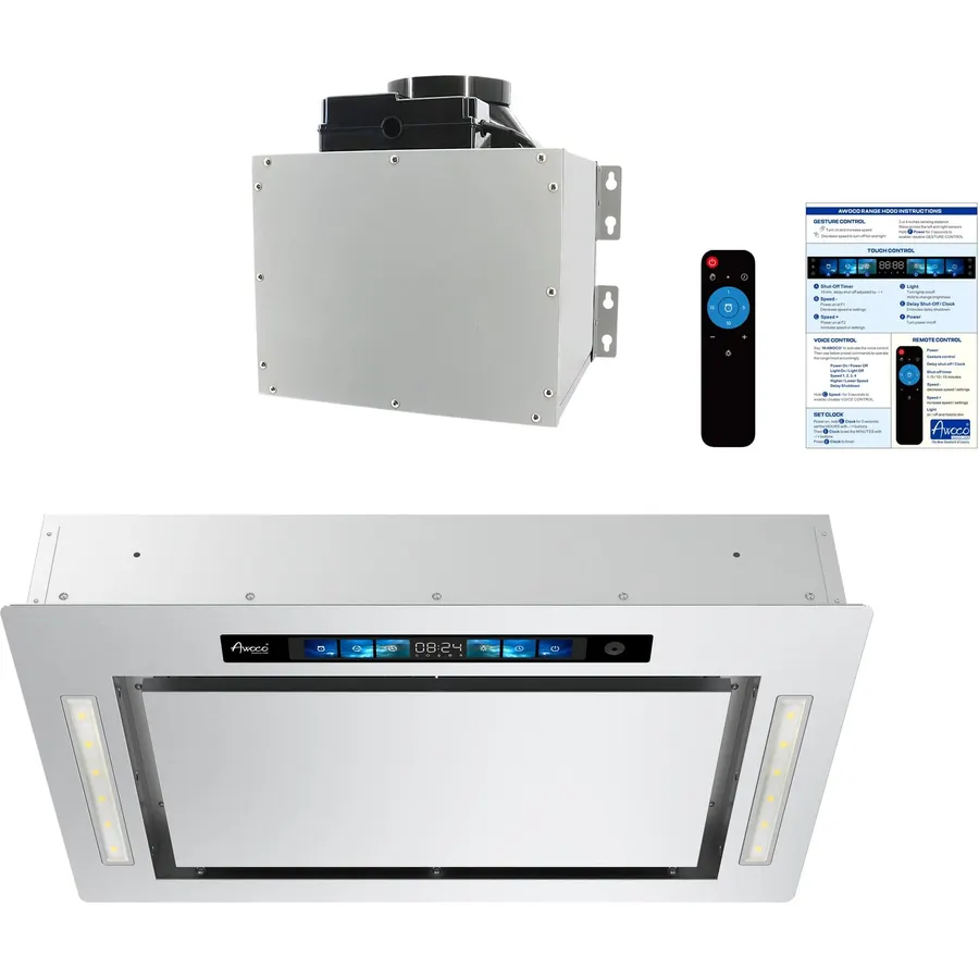 36"W Flush Ceiling Mount Split Insert Range Hood with 6" Round Vent