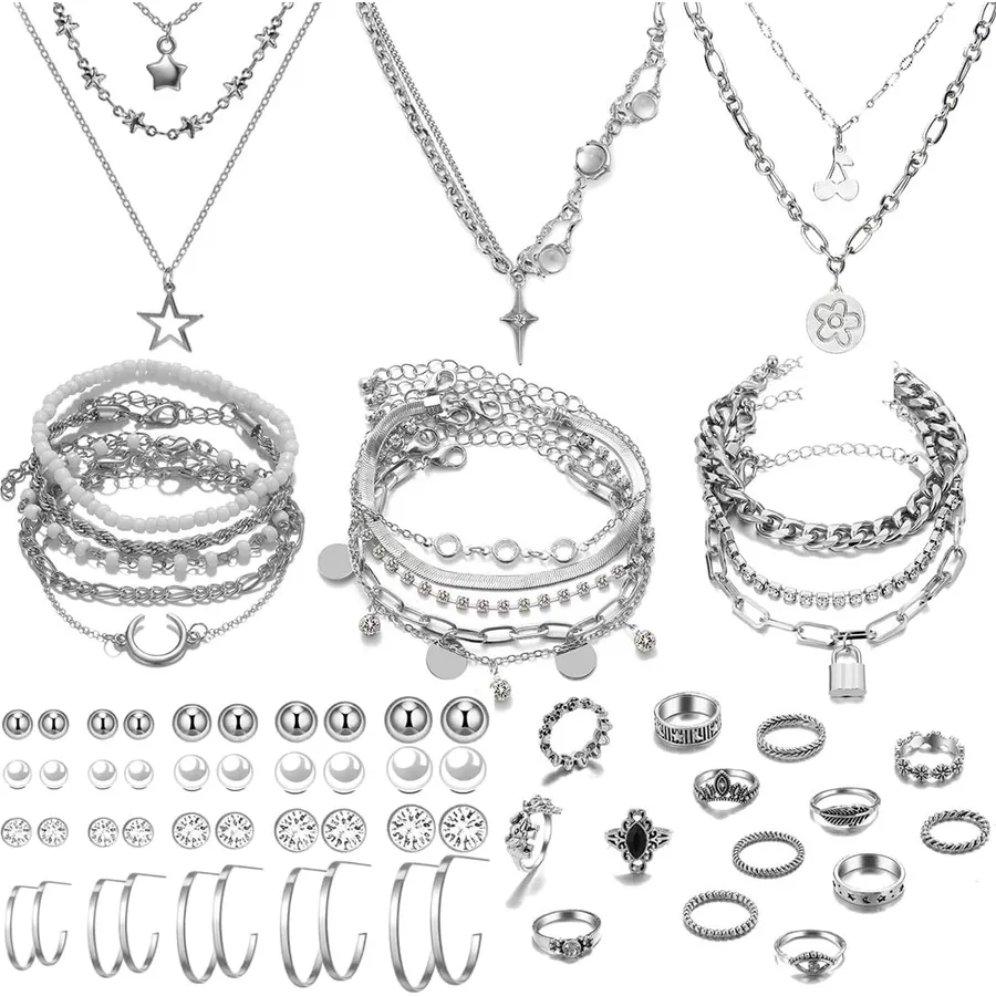 3 Circles Silver Hoop Earrings Necklace Set for Women Geometric Jewelry Set