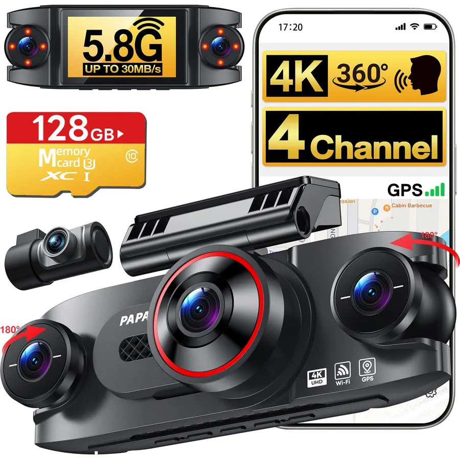 4 Channel 360° Dash Cam, 4K Front + 1080P Rear/Left/Right, 5GHz WiFi 30MB/s