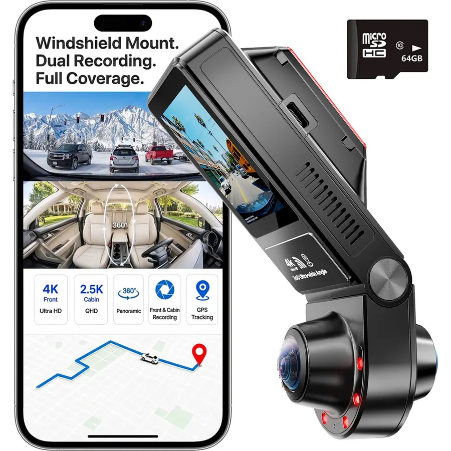 4K+2.5K 360° Panoramic Dash Cam Front and Cabin, 2 Inch LCD Black