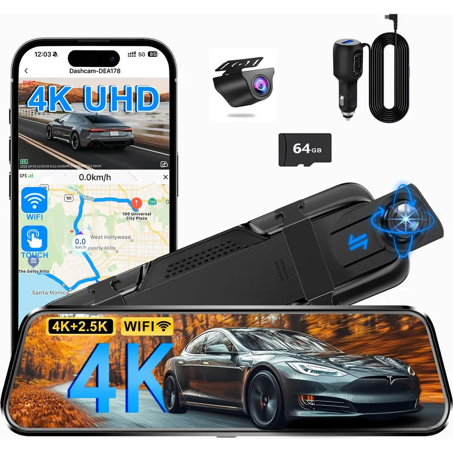 4K+2.5K Rearview Mirror Dual Dash Cam for Cars, Night Vision WiFi