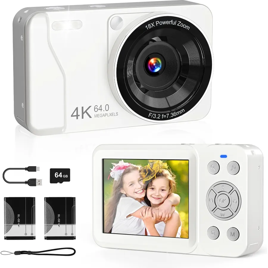 4K 64MP Digital Camera Point and Shoot, 18X Zoom, White | Rechargeable Compact Camera with 64GB SD Card & 2 Batteries, Great Gift for Kids Teens Adults