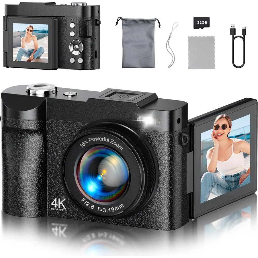 4K Digital Camera for Photography, Autofocus 64MP Vlogging Camera for YouTube Video, Rear and Front Cameras, 16X Zoom Compact Anti-Shake Camera for Teens with 2 Batteries, 32GB Card, Black