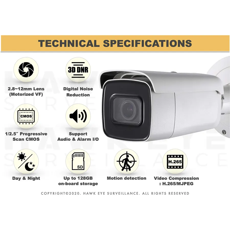 4K PoE Security IP Camera - Compatible with Hikvision DS-2CD2683G2-IZS UltraHD 8MP Vari-Focal EXIR Bullet Weatherproof 2.8-12mm Motorized Lens English Version Firmware