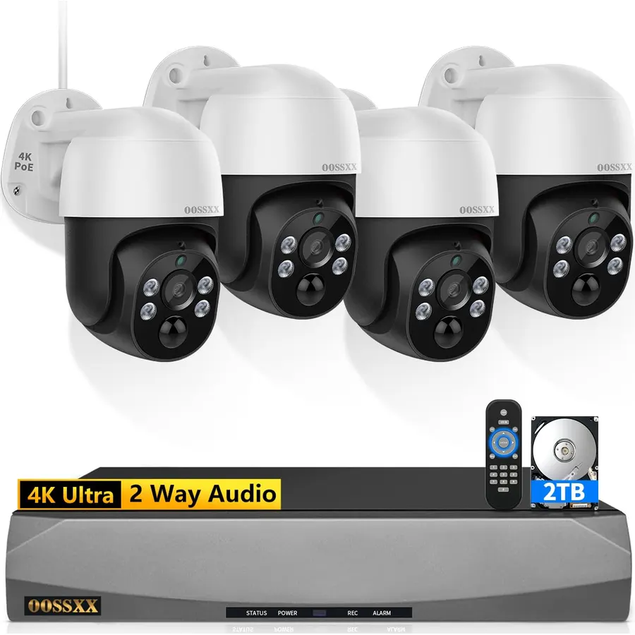 4K 8MP Outdoor Security Camera,WiFi Camera for Home Security System,Plug-in Wired Outdoor Camera,24/7 Non-Stop Recording,360° PTZ,AI Motion Detection,Color Night Vision,Compatible with Alexa(2 PCS)