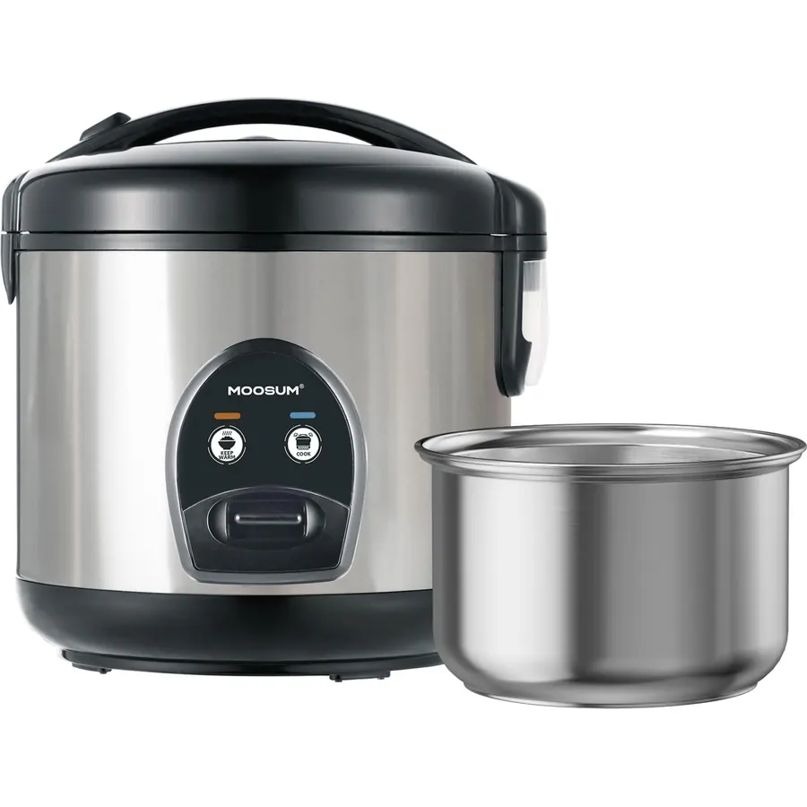 5-Cup Uncooked Rice Cooker, Electric One-Touch for Asian Japanese Sushi, Stainless Steel Inner Pot with Removable Lid & Steamer, Automatic Keep Warm, Silver