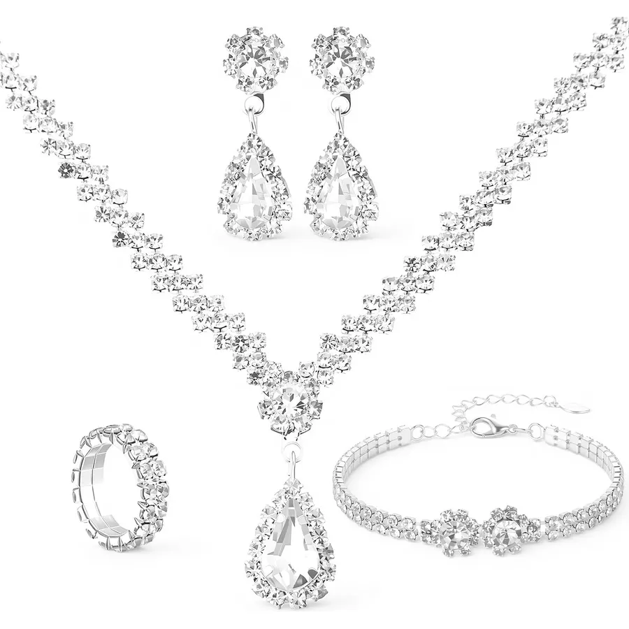 Unicra Bridal Wedding Jewelry Set Silver Rhinestone Necklace Earrings Sets Formal Costume Jewelry for Women and Brides