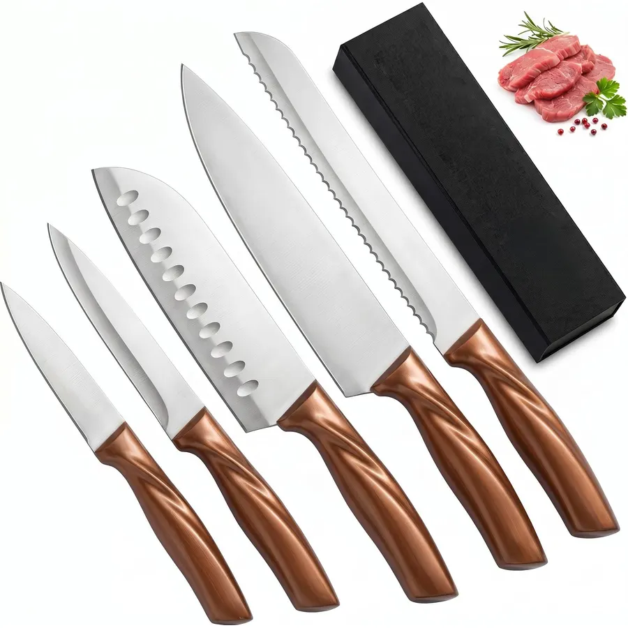 5‑Piece Kitchen Knife Set, Premium Stainless Steel Cooking Knives with Copper‑Colored Ergonomic Handles, Include Chef Knife, Utility Knife and Paring Knife for Home Meal Prep