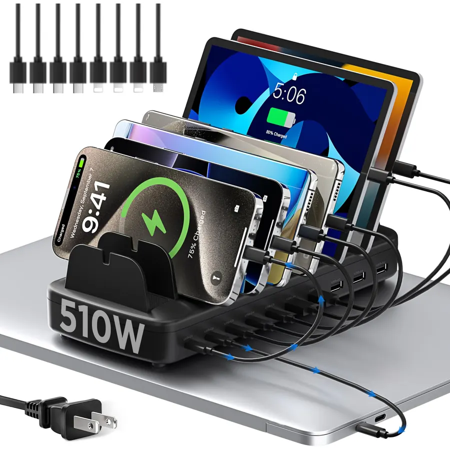 510W Charging Station for Multiple Devices, 10 Ports Charger Organizer