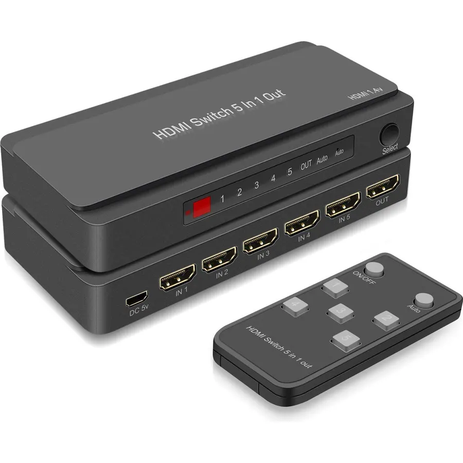 5Port HDMI Switcher, HDMI Selector 5 in 1 Out with PIP Function and IR Wireless Remote Control for Fire Stick, Xbox, PS3/4, Roku, Apple TV and DVD Players ect Support 4K, 3D Ultra HD