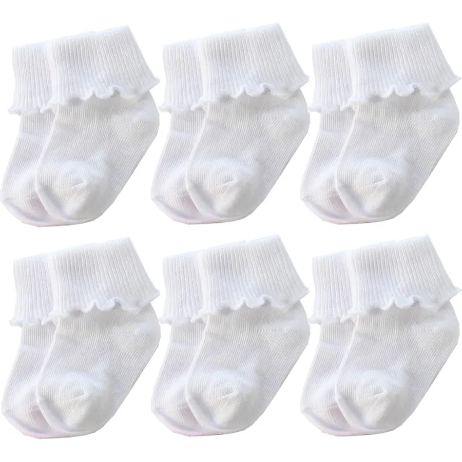 6 &12 Pairs Infant Toddler Baby Kids Turn Cuff Ruffle Cotton Socks