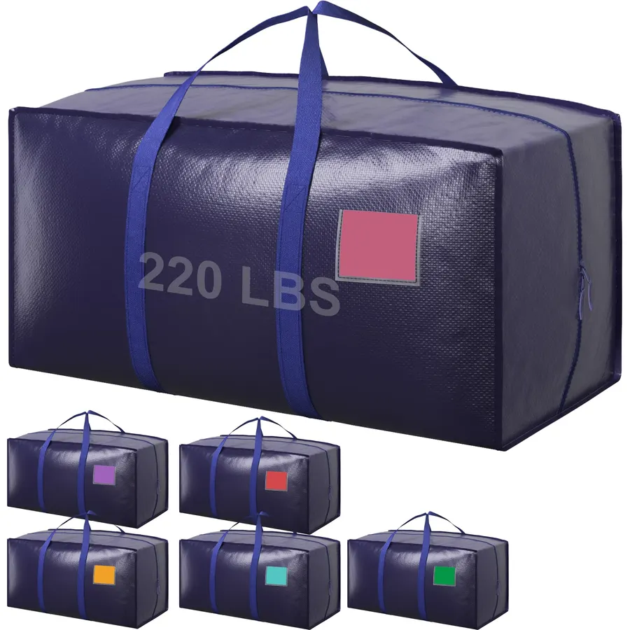6 Pack Moving Bags Heavy Duty 210GSM with Full-Open Side Zipper, 93L 220lbs Waterproof Foldable Storage Totes for College Dorm Move-In, Moving Boxes Alternative & Home Organization, Blue