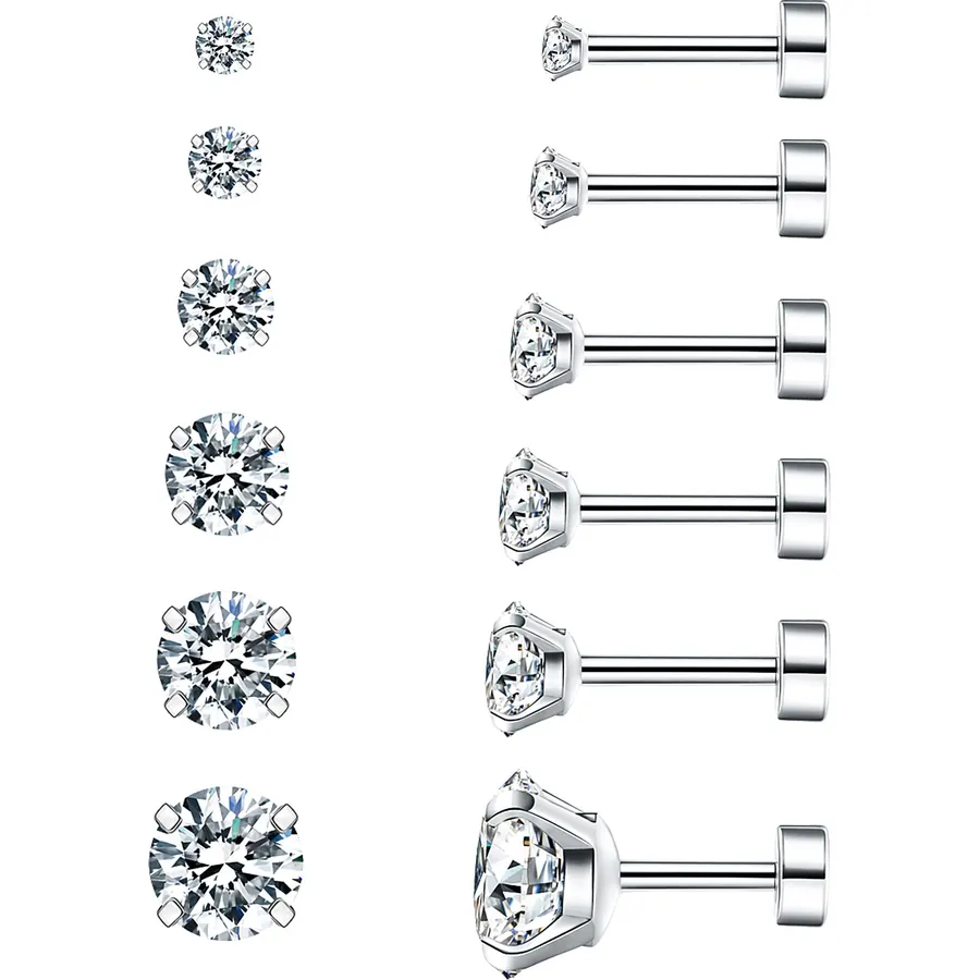 6 Pairs Hypoallergenic Cubic Zirconia Earrings Surgical Steel Flat Back Studs for Cartilage, Screw Back Fashion Jewelry