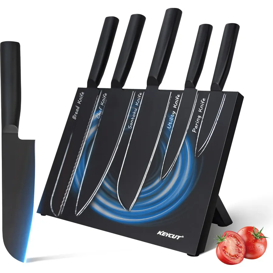 13 PCS Knife Set with Block And 6 Pieces Knife Set with Foldable Magnetic Knife Block, High-Grade 5CR Stainless Steel Chef Knives Sets with Wood Block